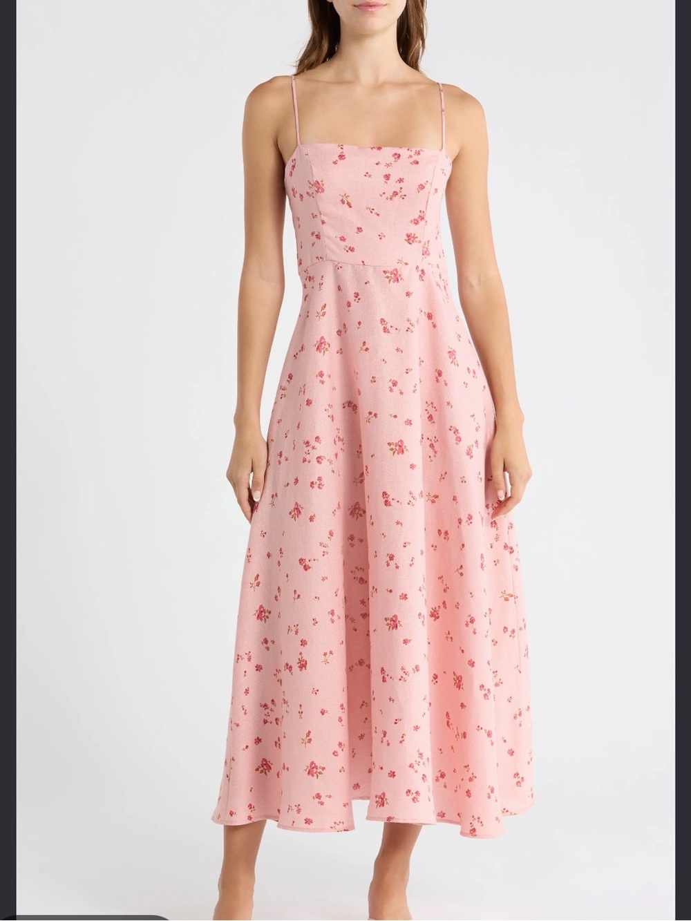 Reformation Pink Floral Midi Dress with Spaghetti Straps
